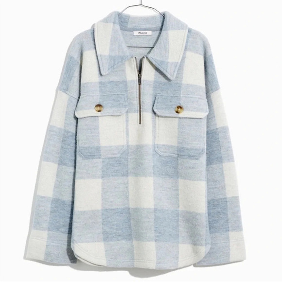 Madewell Boiled 100% Wool Half-Zip Popover Sweater Plaid Blue & White Size XS - Picture 3 of 14